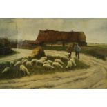 19th century, indistinctly signed, sheep on a track with farm building behind, oil on canvas, framed