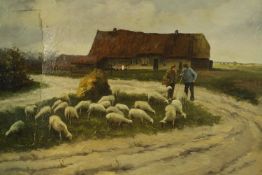 19th century, indistinctly signed, sheep on a track with farm building behind, oil on canvas, framed