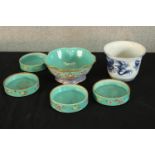 A Chinese porcelain stacking sectional dish together with a similarly decorated lobed bowl and a