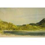 William Russell Flint (1880-1969, Scottish) mountainous lake scene, pencil signed coloured print,