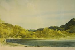 William Russell Flint (1880-1969, Scottish) mountainous lake scene, pencil signed coloured print,