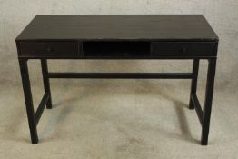 A 20th century black painted pine two drawer console table raised on square supports. H.76 W.118 D.