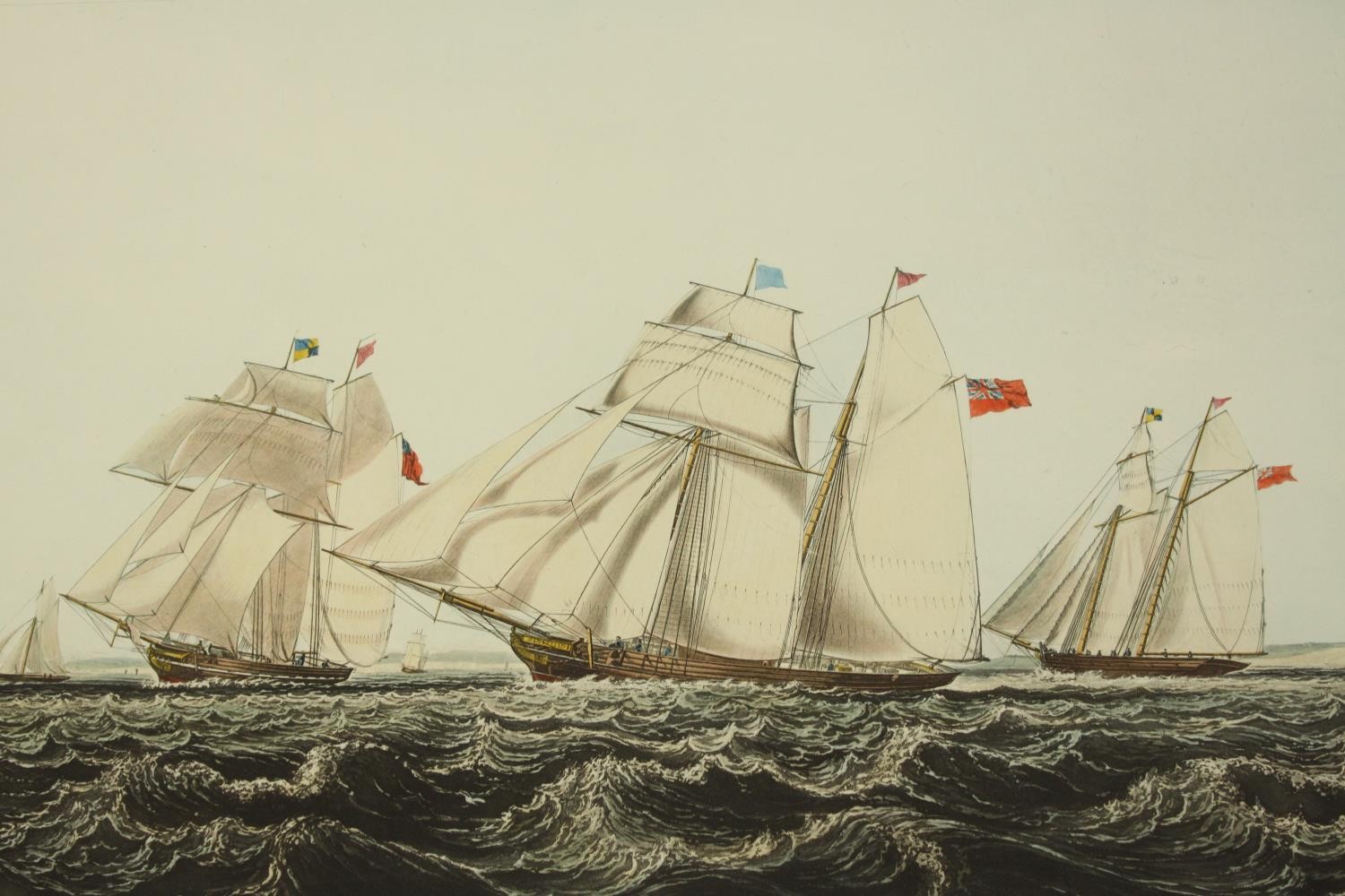19th century, a set of four coloured prints of various ships on paper, each annotated, unframed. H. - Image 6 of 6