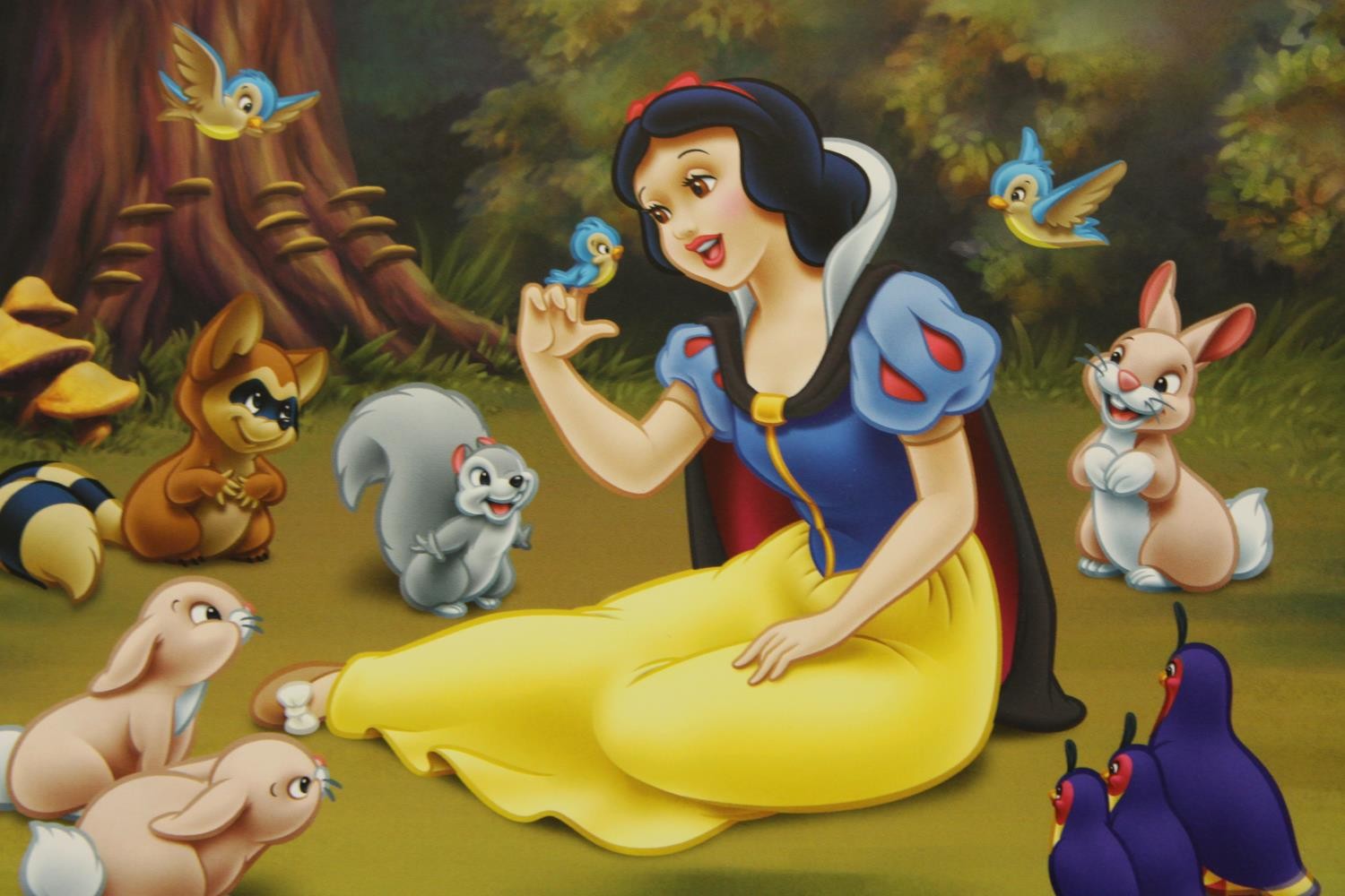 20th century, Snow White amongst animals, coloured print on paper, unframed. H.28 W.35cm.