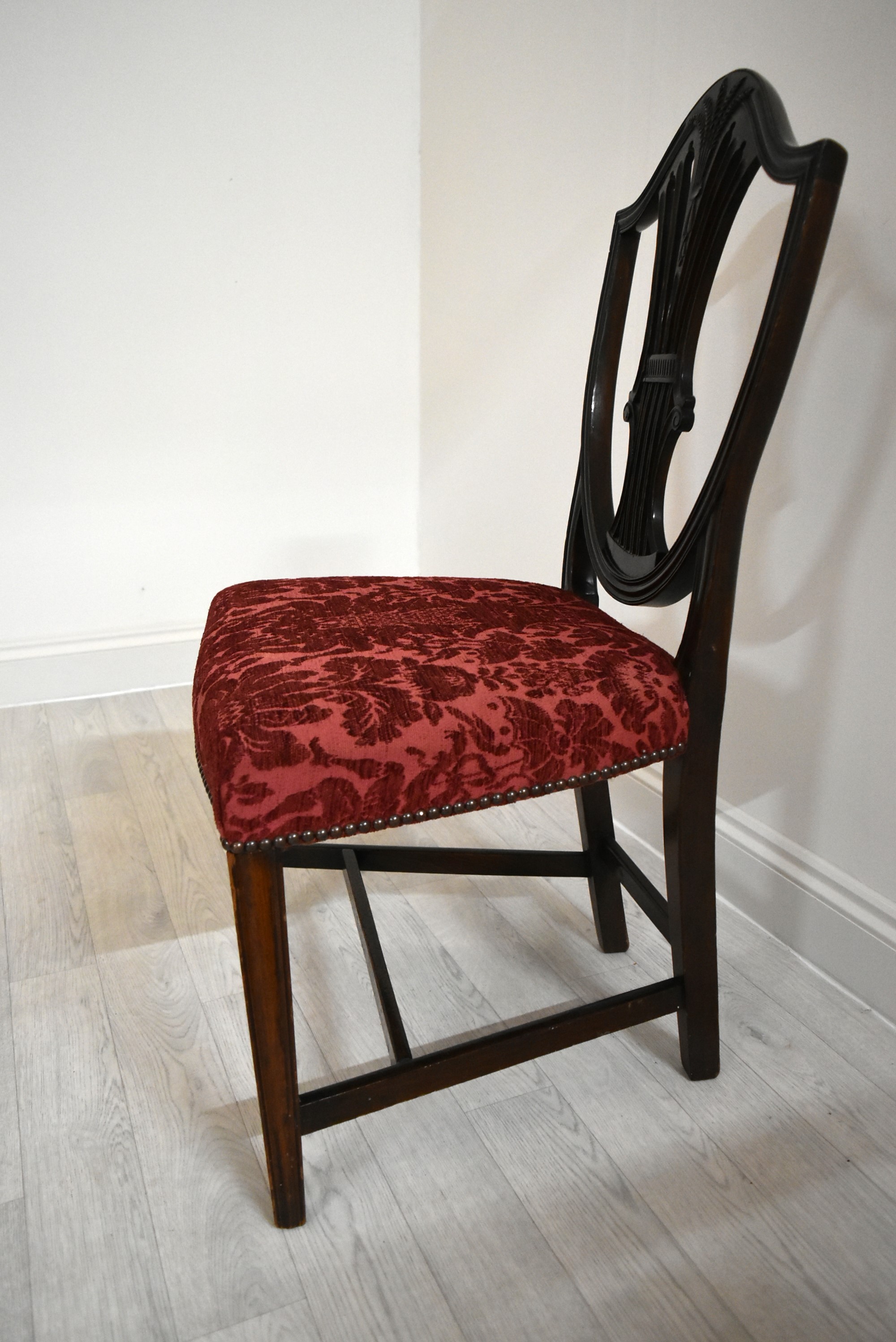 A pair of mahogany framed Hepplewhite style shield back dining chairs, each with stuff over seats. - Image 4 of 8