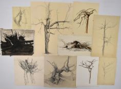 TREVOR FRANKLAND (British 1931-2011). Nine studies of trees. Ink and pencil on paper. H.45 W.34.5cm