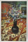 Dorothy Southern. Oil painting on board. A vase of flower on a table cloth. Unsigned. H.39 W.56cm.