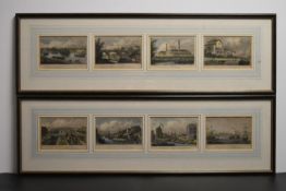 Thomas Shepherd (1793 - 1864), eight framed coloured topographical British prints; in two frames.