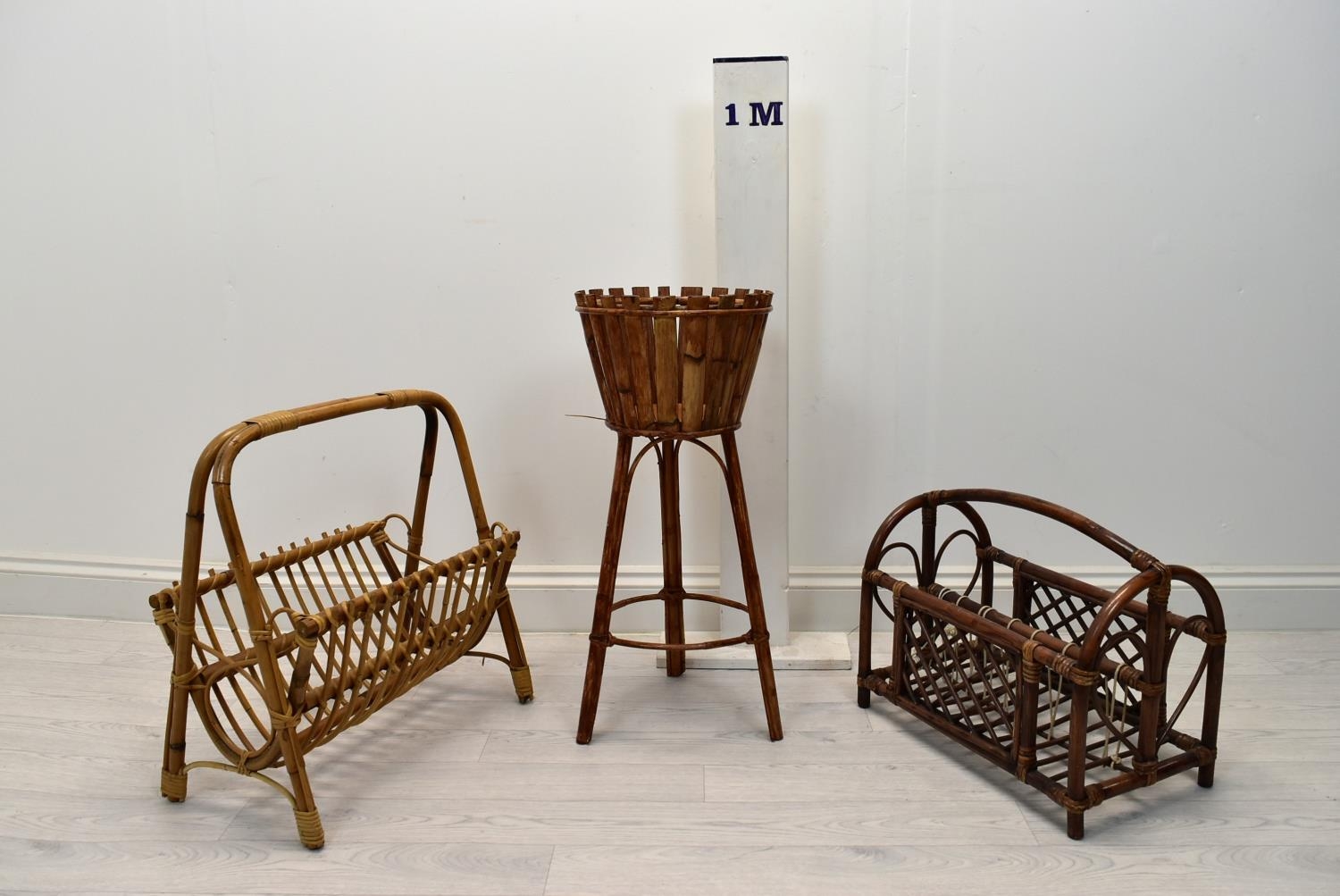 Two mid 20th century bamboo magazine stands together with a mid 20th century wicker plant stand - Image 2 of 3