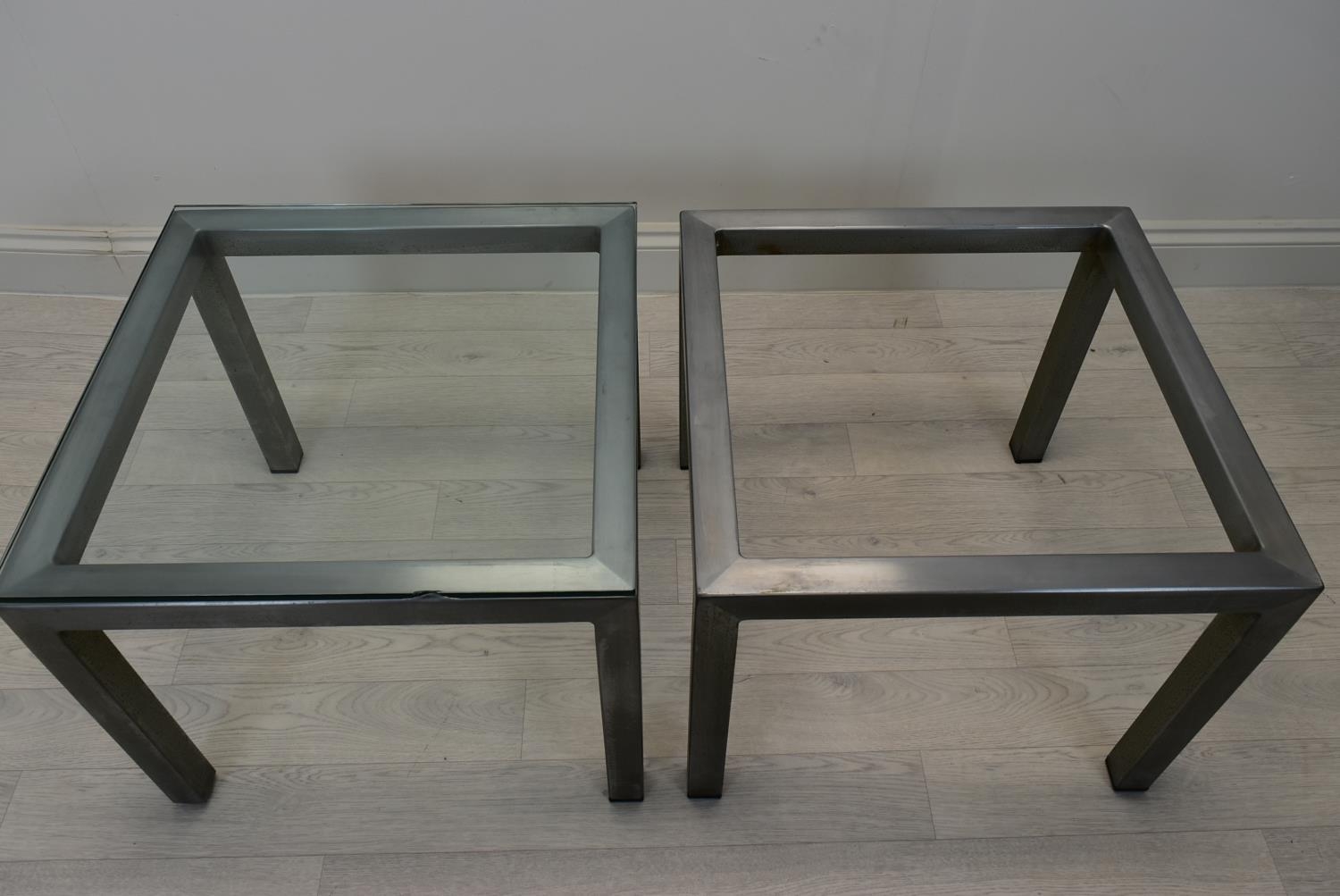 A pair of square brushed metal framed coffee side tables with glass top. Some chips to glass and one - Image 3 of 6