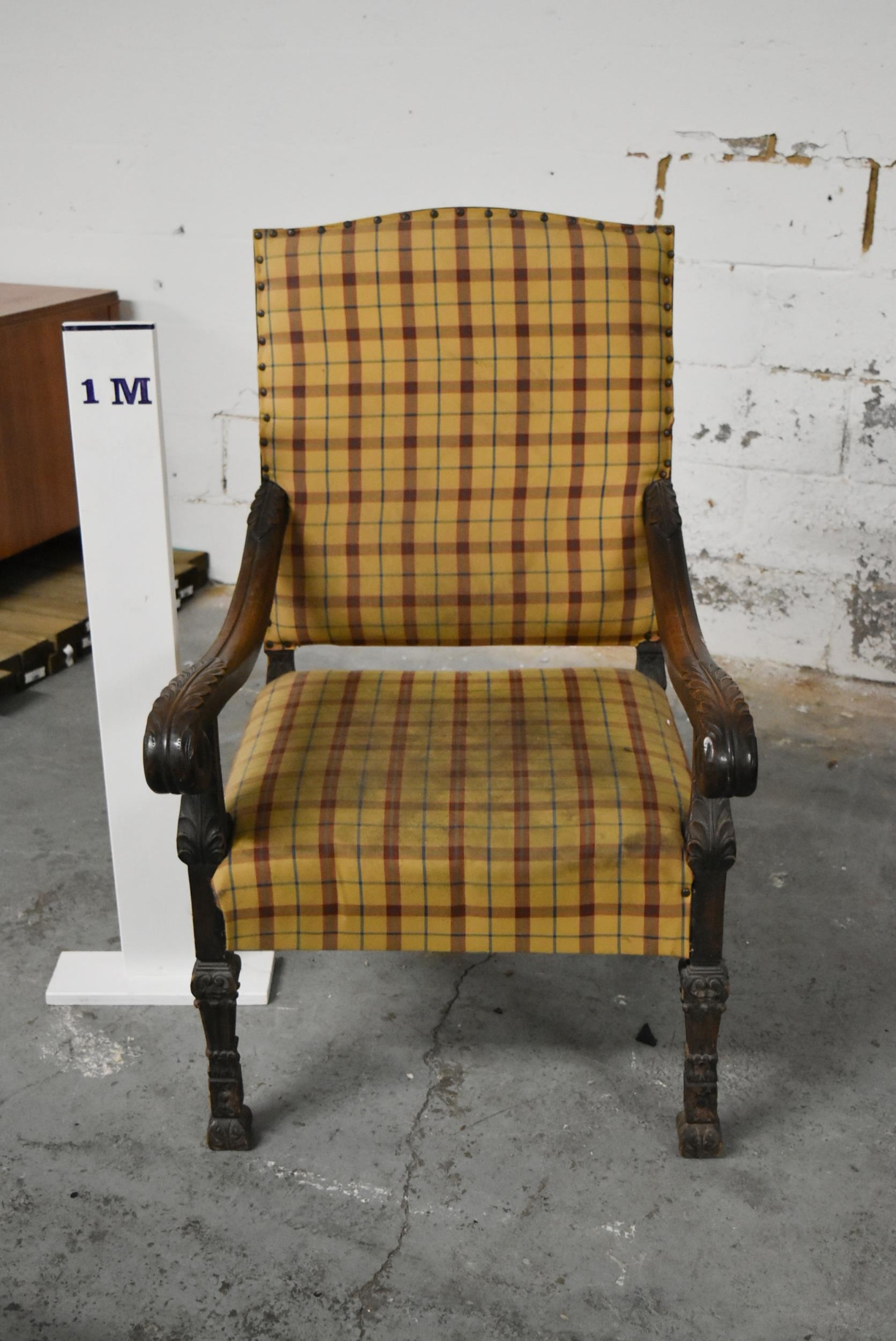 A late 17th century carved oak throne chair in tartan upholstery. 69cm H x 67cm D x 110cm H. - Image 3 of 7