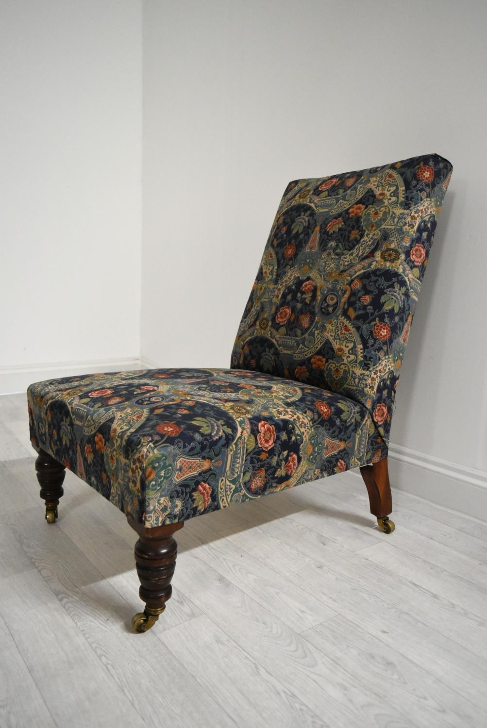 A late 19th / early 20th century mahogany framed and upholstered nursing chair raised on turned - Image 3 of 5