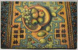 Dorothy Southern. Oil painting on board. Fruit on a black and white mosaic pattern. Oil on board,