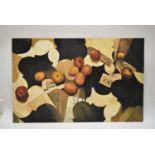 Dorothy Southern. Oil painting on board. Fruit on a black and white pattern. Oil on board, unsigned.