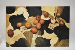 Dorothy Southern. Oil painting on board. Fruit on a black and white pattern. Oil on board, unsigned.