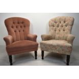 A matching pair of 20th century button back upholstered nursing chairs, each raised on mahogany