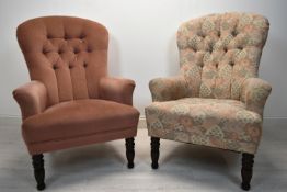 A matching pair of 20th century button back upholstered nursing chairs, each raised on mahogany