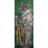 British School, contemporary, Hit for Six, cricketer playing a shot, indistinctly signed, oil on