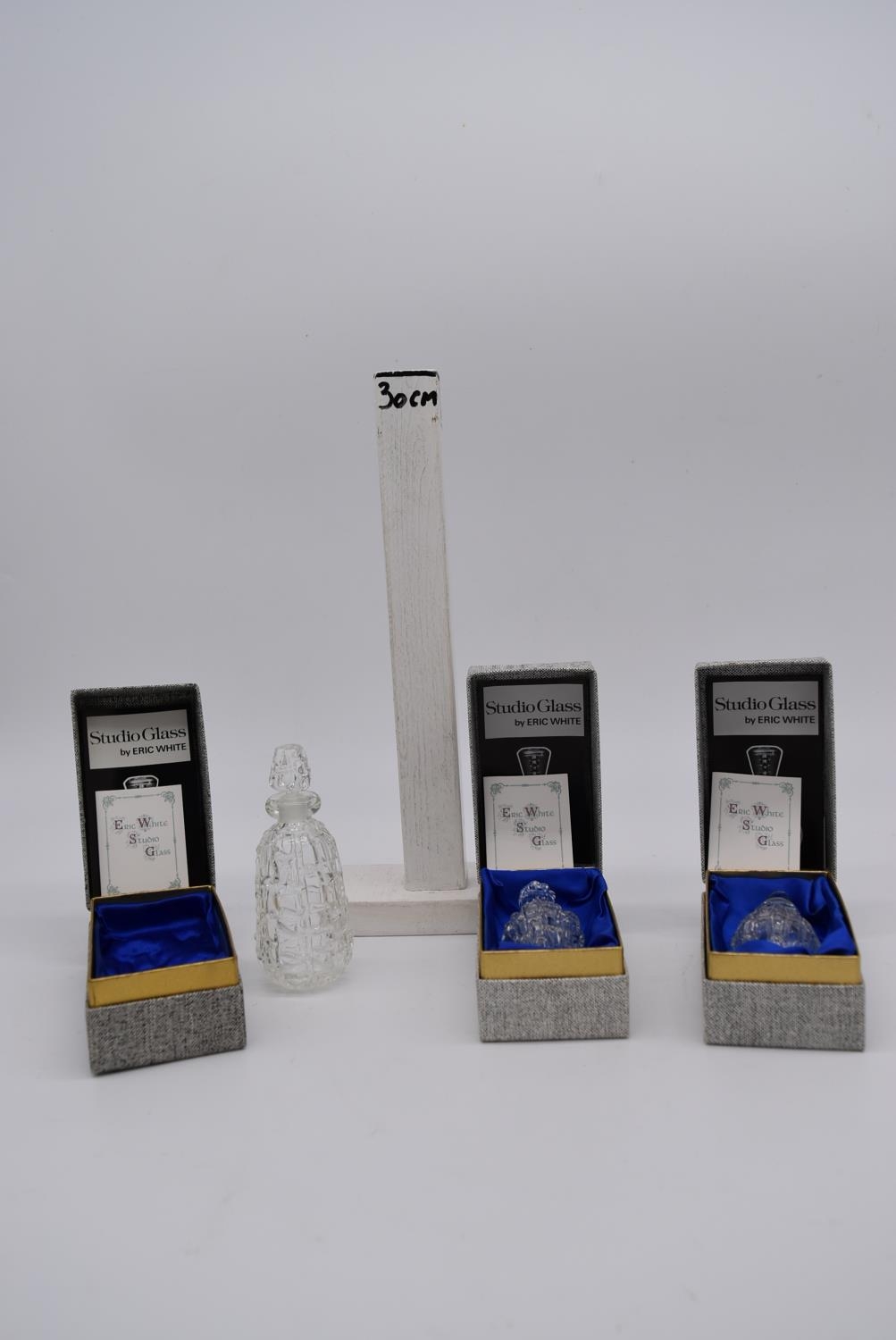 Three boxed Eric White studio glass purfume bottles and stoppers. Tallest H.11.5cm - Image 3 of 4