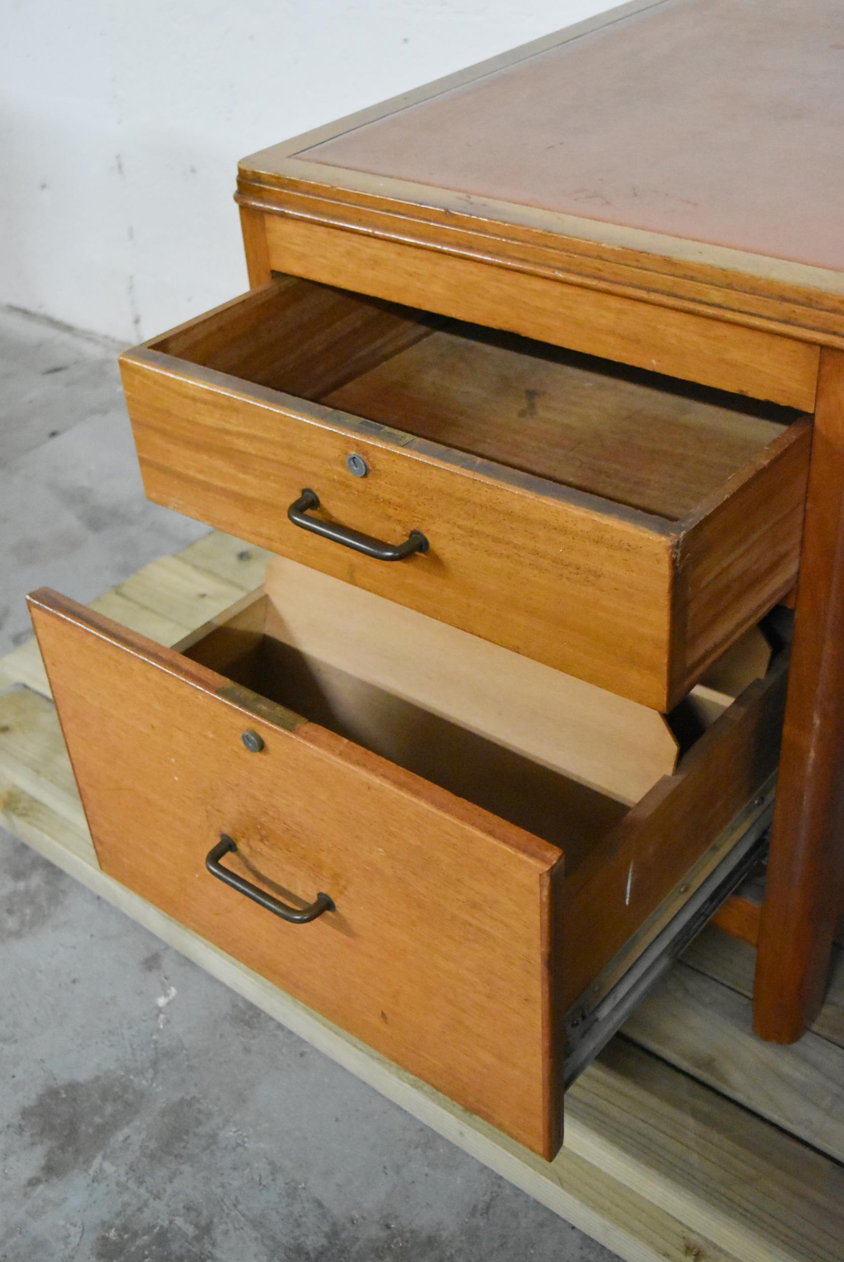 A mid century vintage teak pedestal desk with inset leather top on block supports. - Image 8 of 9