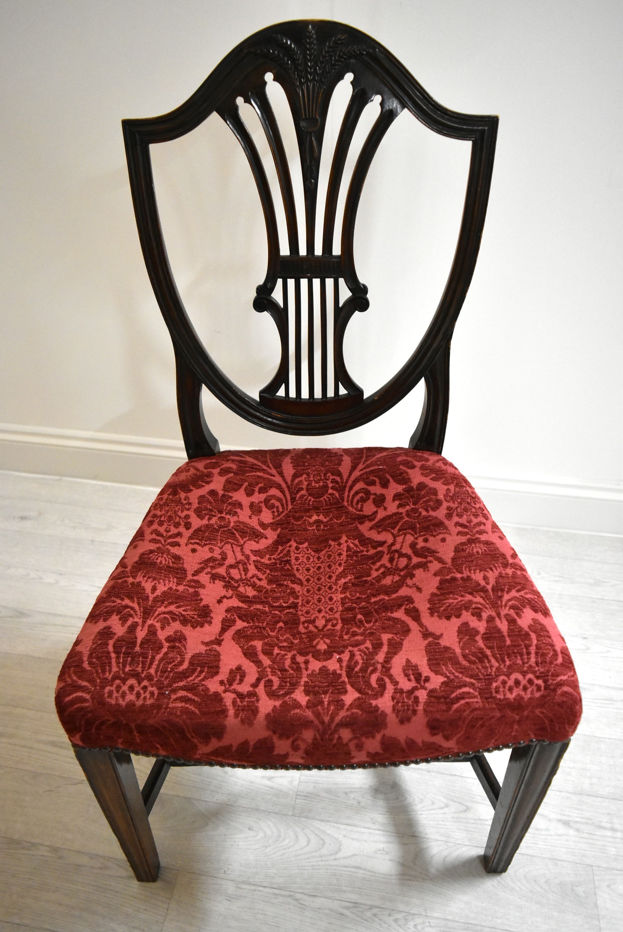 A pair of mahogany framed Hepplewhite style shield back dining chairs, each with stuff over seats. - Image 6 of 8