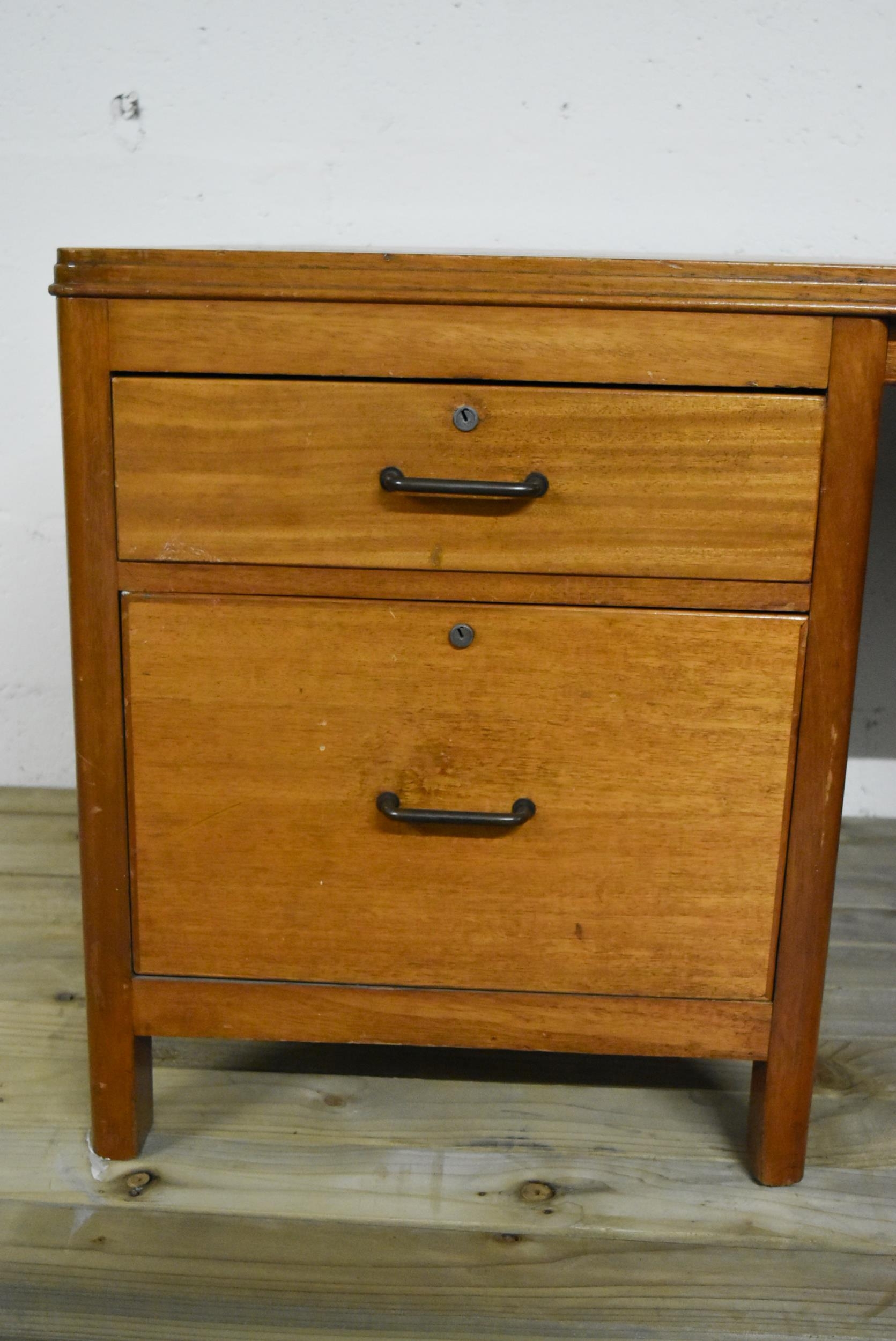 A mid century vintage teak pedestal desk with inset leather top on block supports. - Image 6 of 9