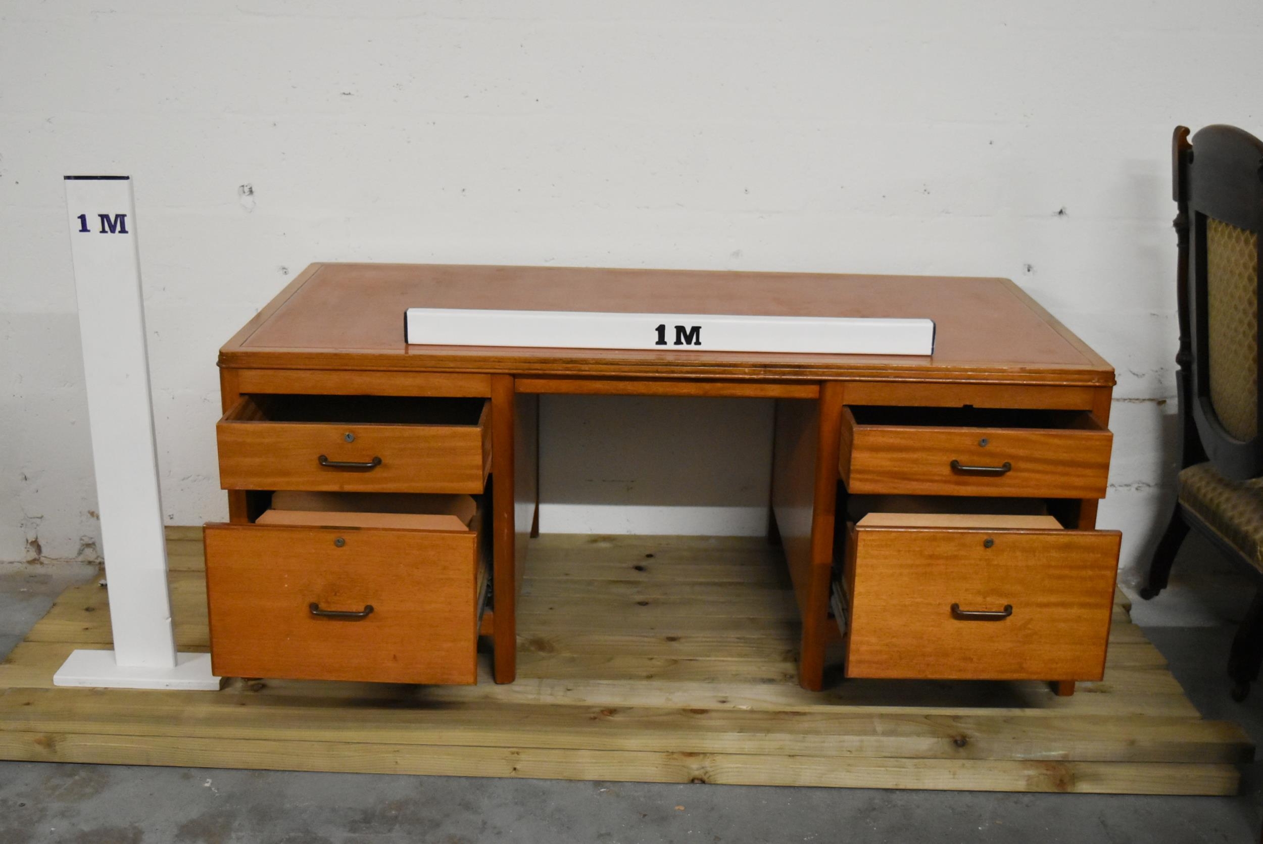 A mid century vintage teak pedestal desk with inset leather top on block supports. - Image 2 of 9