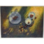 Dorothy Southern. Still life. Oil on board. Cherries in bowls. H.35 W.46.5cm