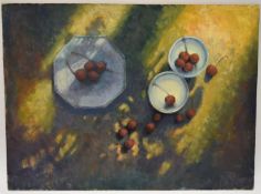 Dorothy Southern. Still life. Oil on board. Cherries in bowls. H.35 W.46.5cm