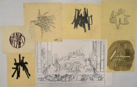 TREVOR FRANKLAND (British 1931-2011). Seven abstract sketches. Ink on paper. H.59.5 W.84cm (largest)