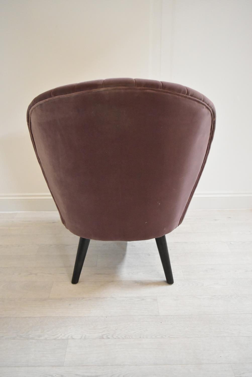 A contemporary shell back upholstered chair upholstered in purple velvet velour fabric raised on - Image 6 of 8
