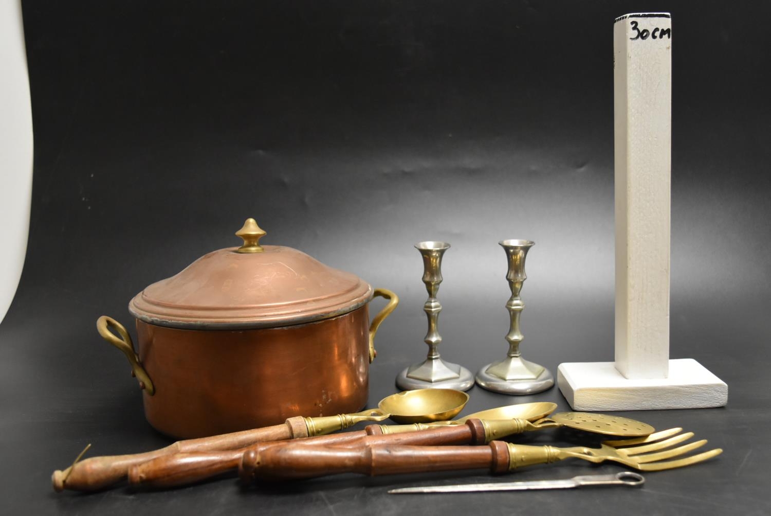 Assortment of metalware to include an oval copper lidded cooking pot, a pair of hexagonal pewter - Image 2 of 10