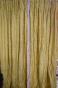 A pair of bright yellow silk pinch pleated interlined curtains. H.318 W.105cm