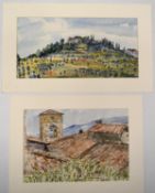 Three watercolours. Possibly Tuscan landscapes. Artists unknown. All pictures are mounted. H.35.5