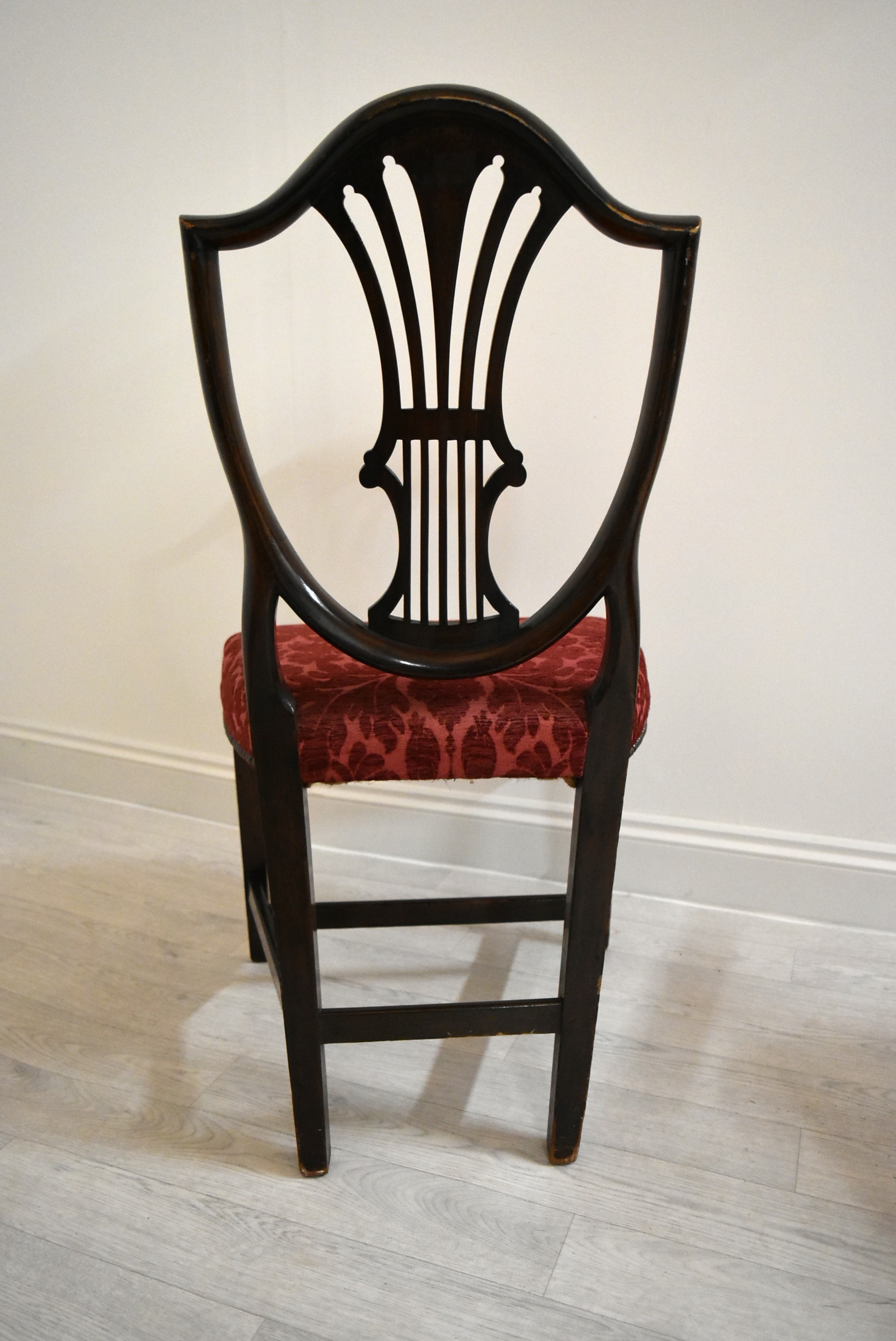 A pair of mahogany framed Hepplewhite style shield back dining chairs, each with stuff over seats. - Image 5 of 8