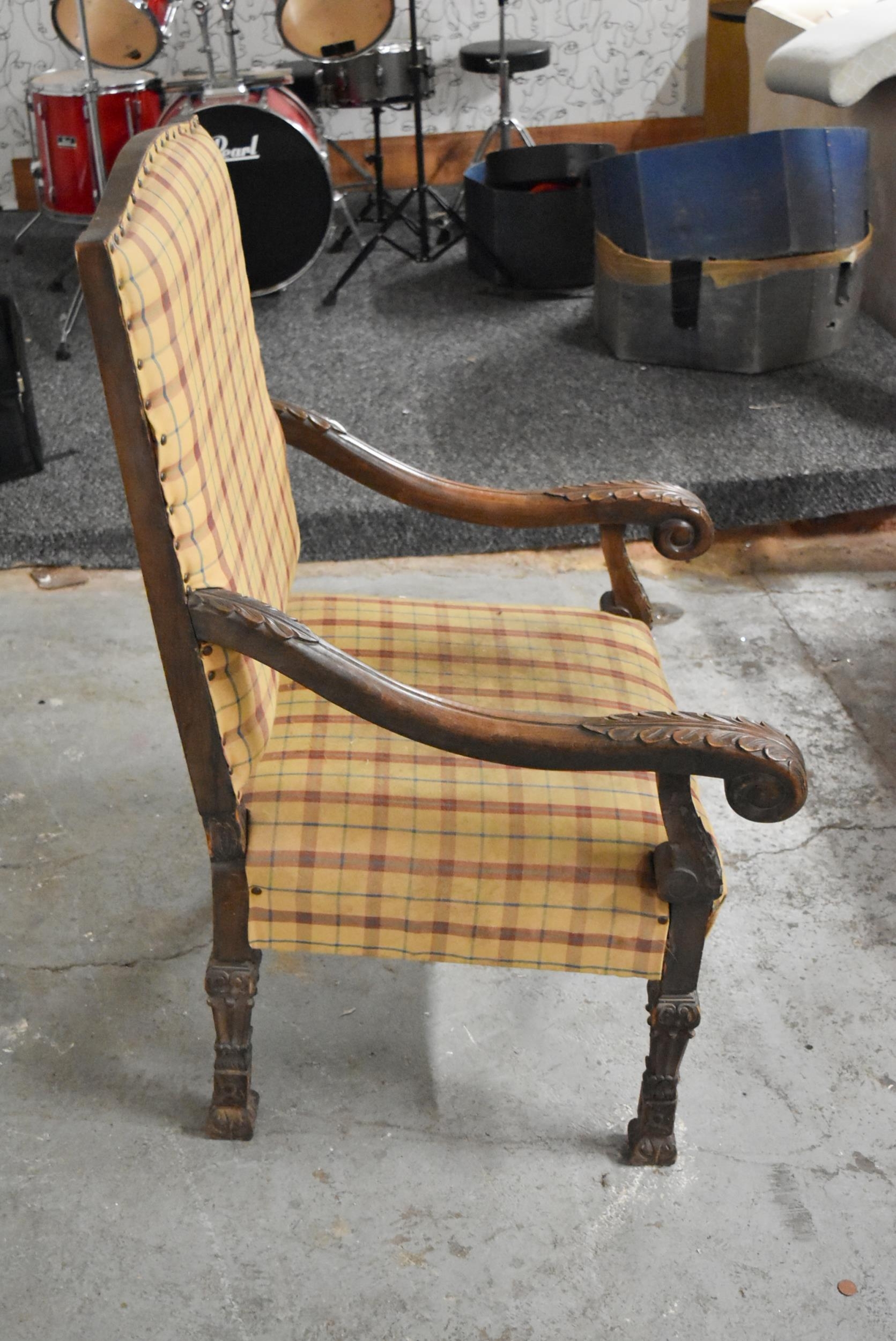 A late 17th century carved oak throne chair in tartan upholstery. 69cm H x 67cm D x 110cm H. - Image 4 of 7