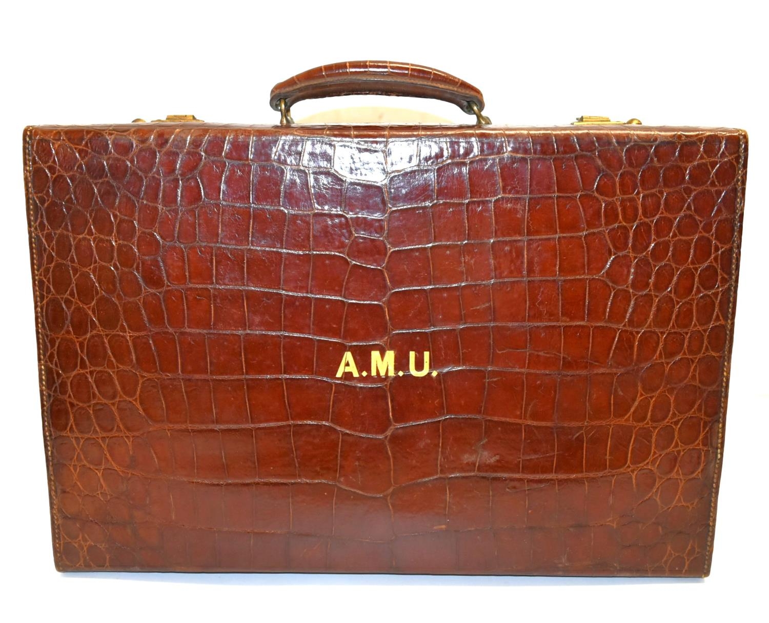 An early 20th century canvas covered crocodile skin effect gentlemen's vanity case embossed with - Image 2 of 14