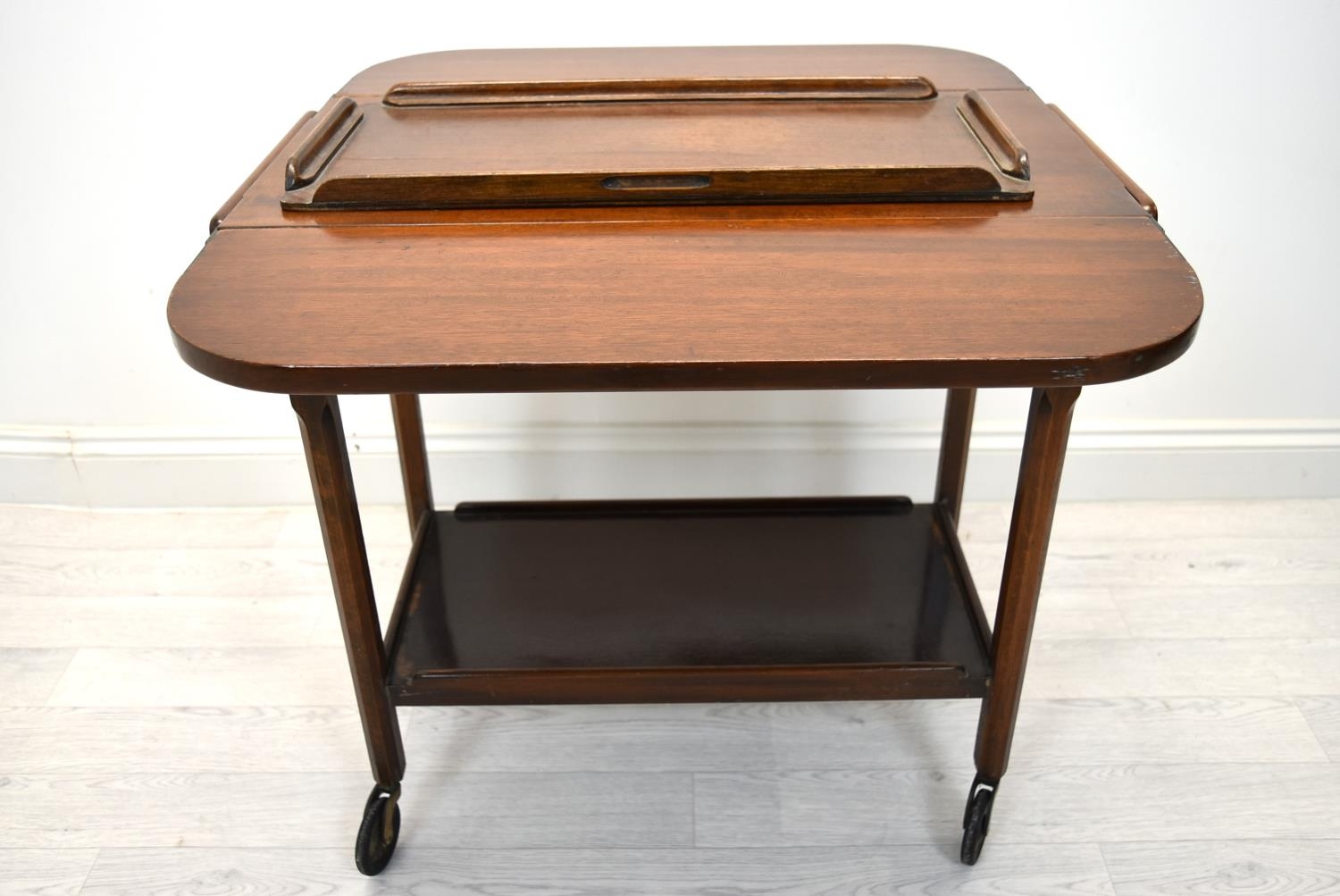 A 20th century stained mahogany drop flap drinks trolley with separate butlers tray together with an - Image 4 of 6