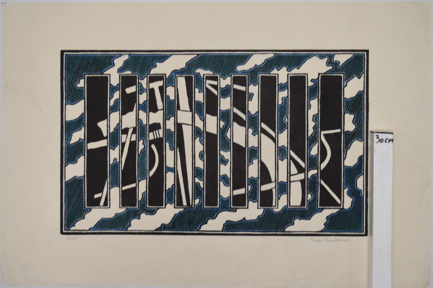 TREVOR FRANKLAND (British 1931-2011). Large linocut on thin Japanese paper. Coloured and embellished - Image 2 of 4
