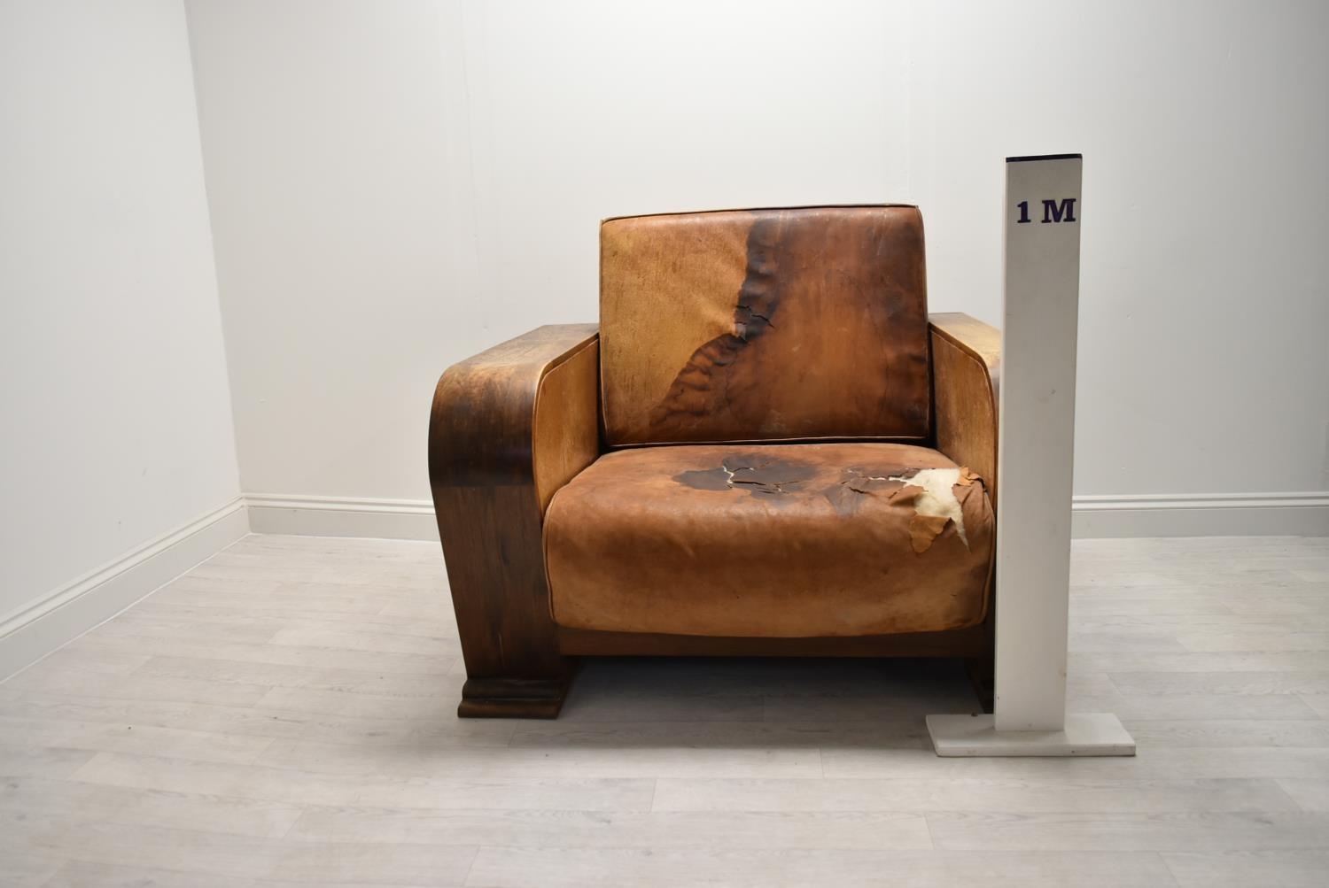 A walnut framed Art Deco leather armchair, the arms and back with integrated shelves. H.86.5 W.111.5 - Image 2 of 7