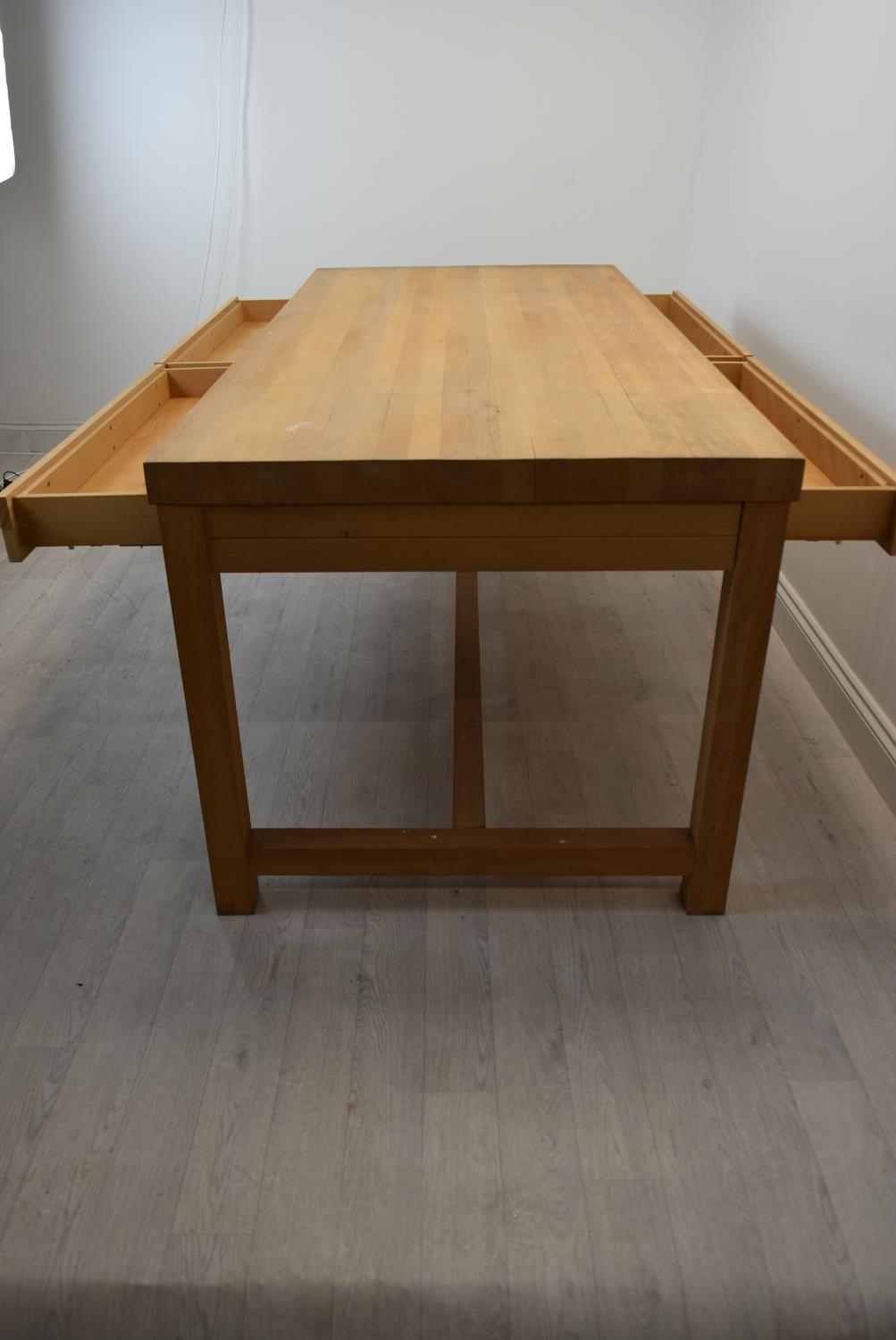 A contemporary oak four drawer refectory style table raised square supports united by a stretcher - Image 6 of 8