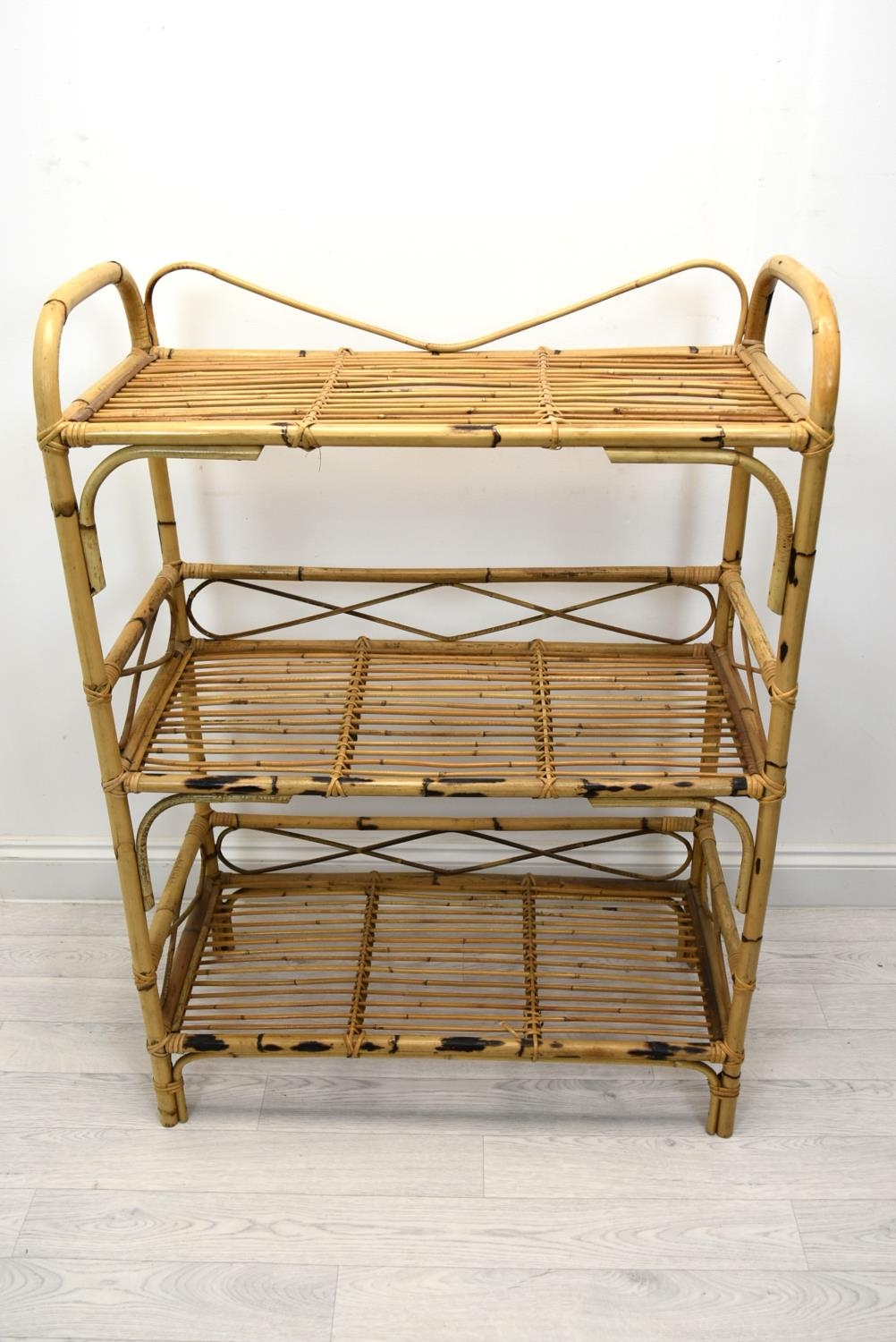 A mid 20th century bamboo three shelf floor standing shelving unit. H.112 W.80cm - Image 3 of 4