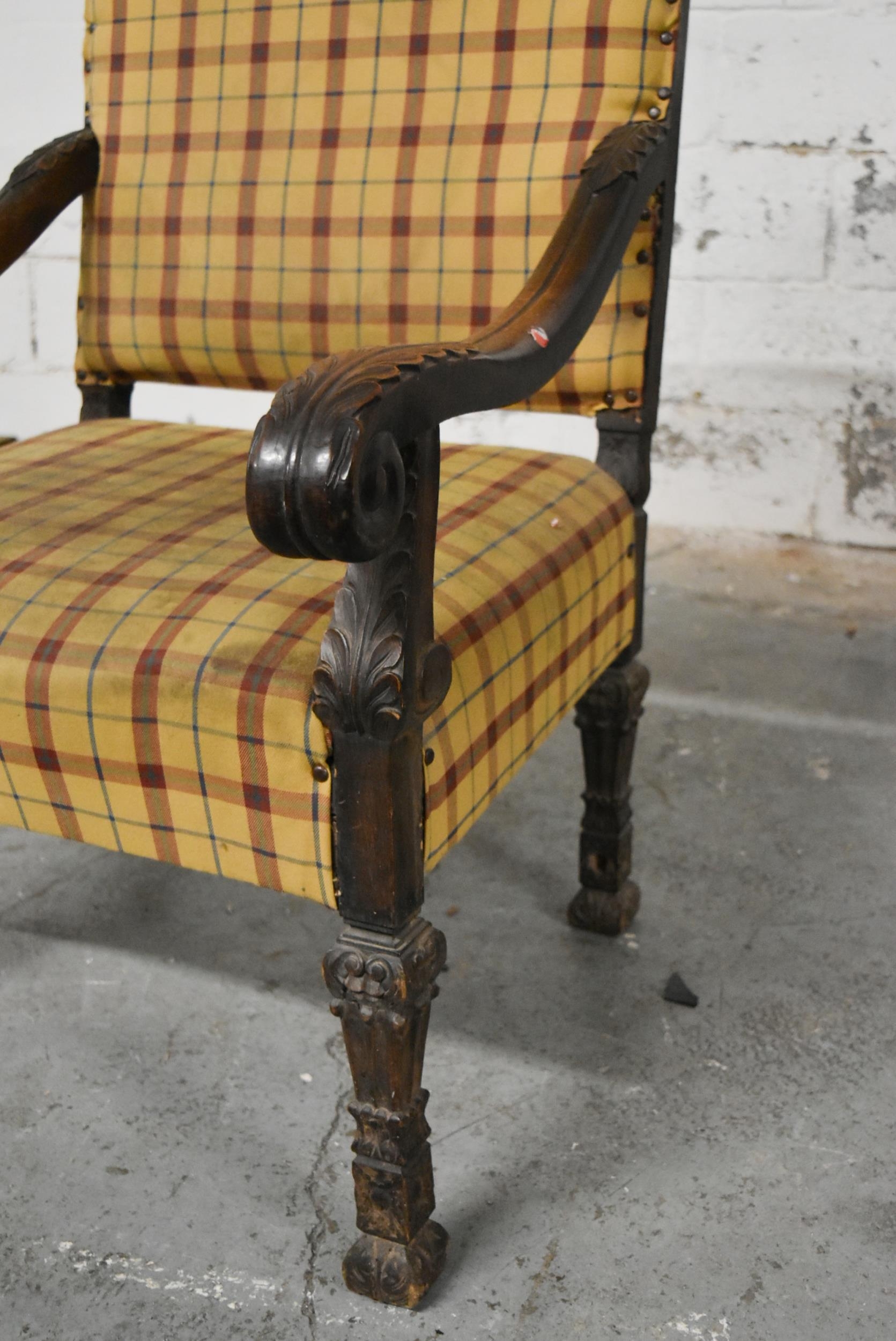 A late 17th century carved oak throne chair in tartan upholstery. 69cm H x 67cm D x 110cm H. - Image 6 of 7