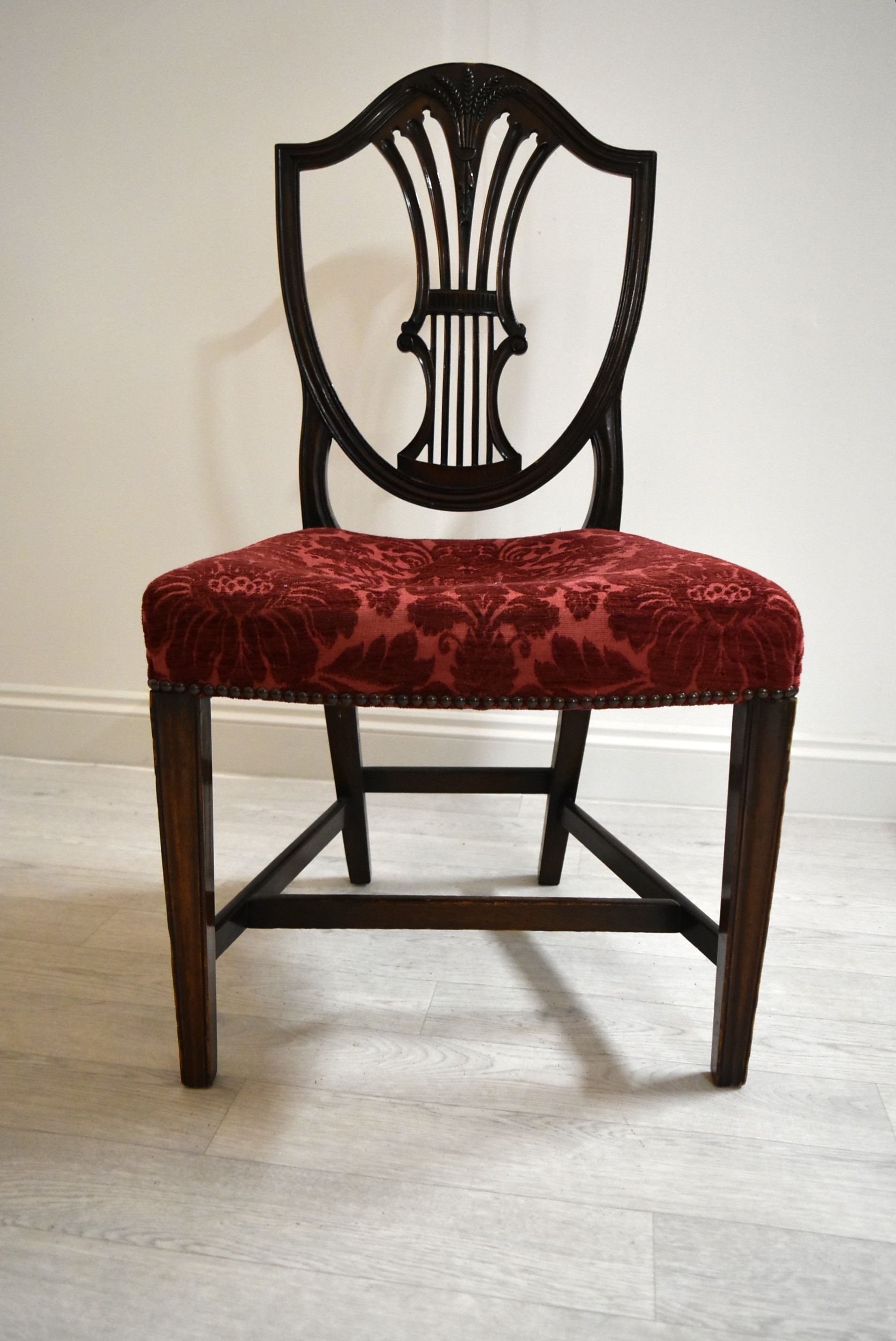 A pair of mahogany framed Hepplewhite style shield back dining chairs, each with stuff over seats. - Image 7 of 8