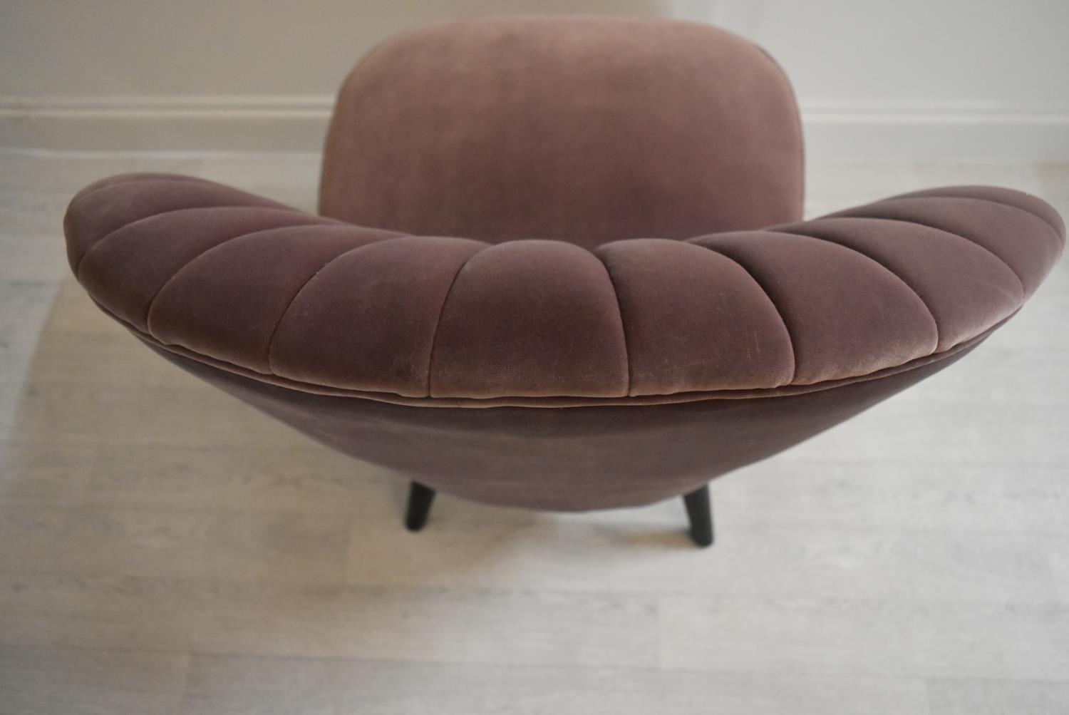 A contemporary shell back upholstered chair upholstered in purple velvet velour fabric raised on - Image 8 of 8