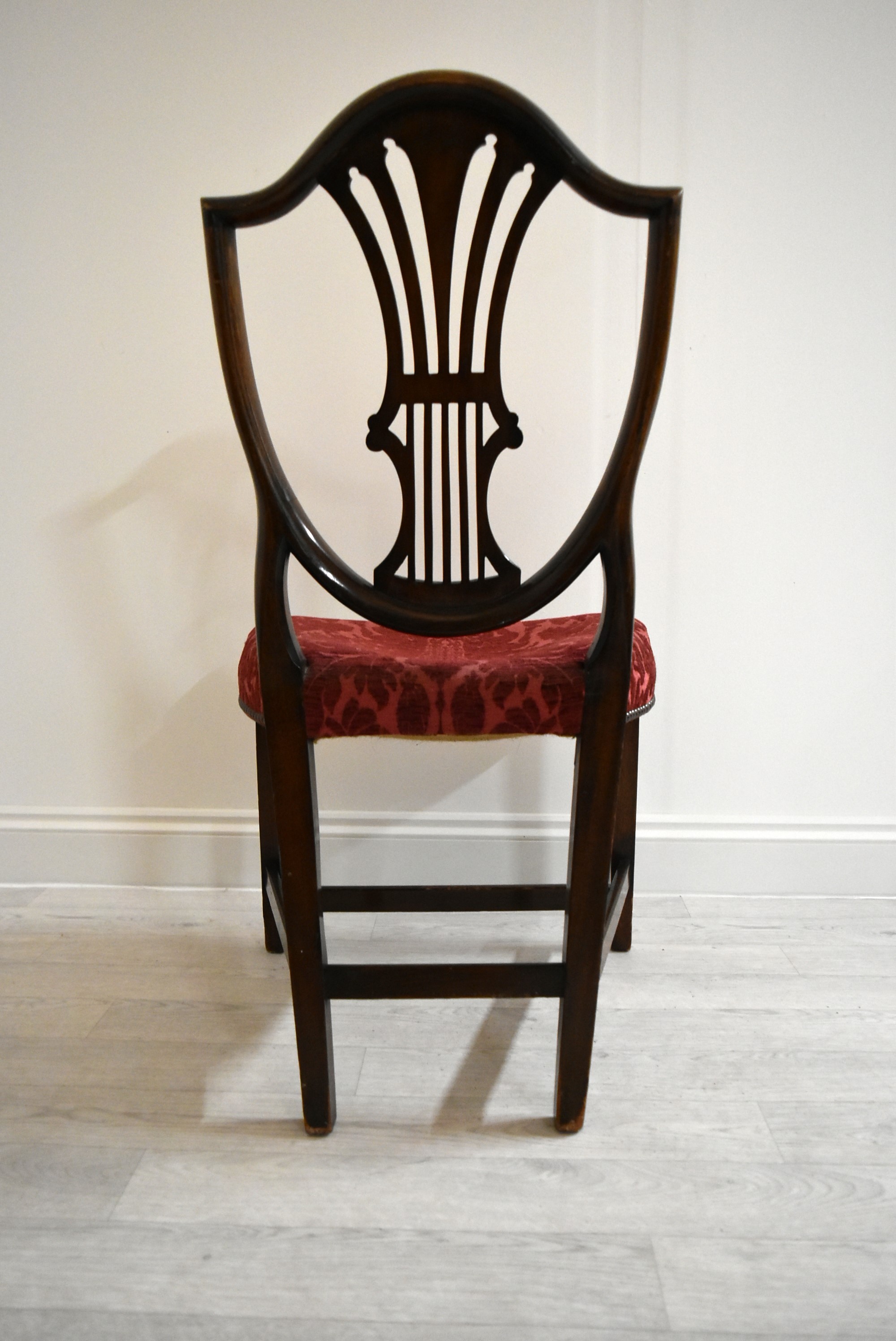 A pair of mahogany framed Hepplewhite style shield back dining chairs, each with stuff over seats. - Image 8 of 8