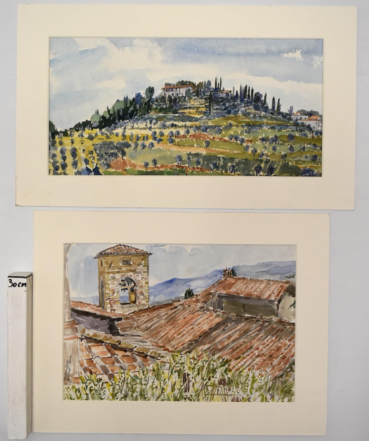 Three watercolours. Possibly Tuscan landscapes. Artists unknown. All pictures are mounted. H.35.5 - Image 3 of 4