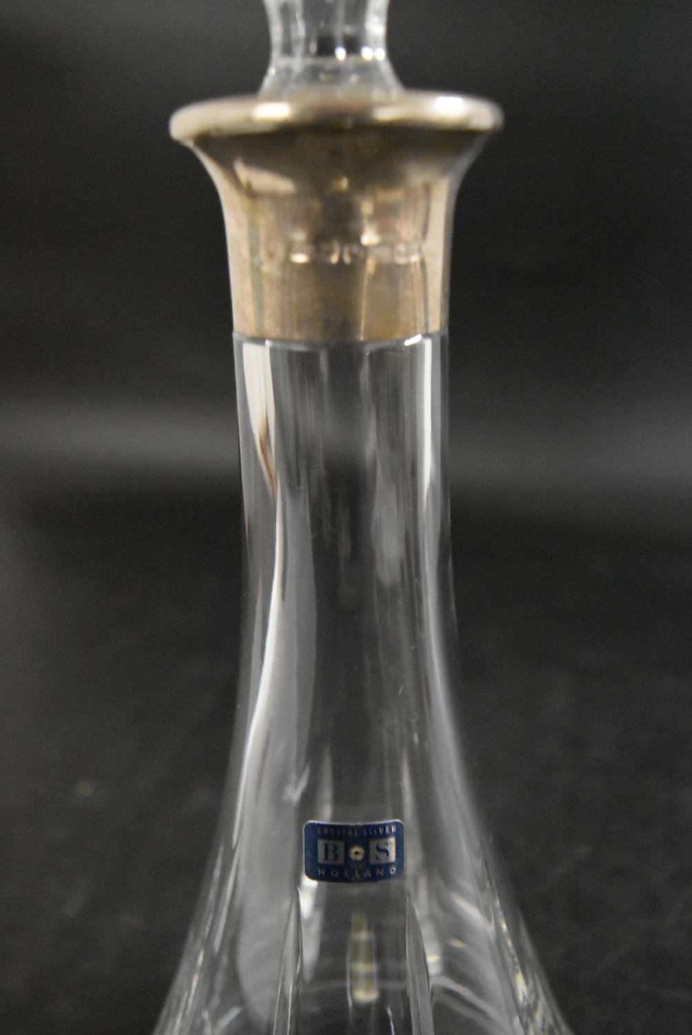 A contemporary Bos Holland conical shaped crystal decanter with a silver hallmarked rim. H.34 Dia. - Image 6 of 6