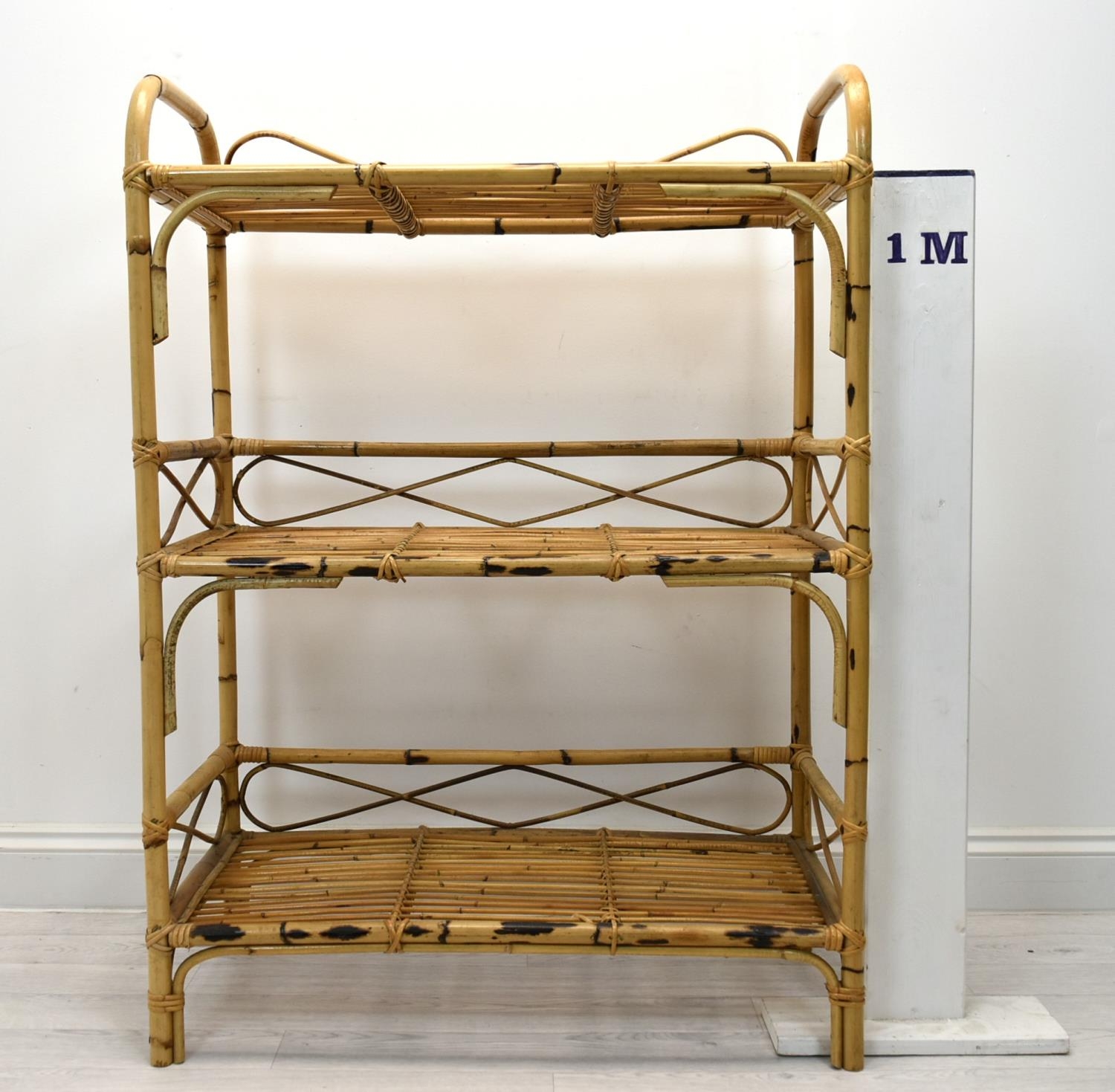 A mid 20th century bamboo three shelf floor standing shelving unit. H.112 W.80cm - Image 2 of 4