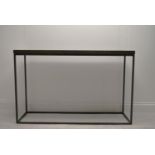 A contemporary metal framed console / side table with faux wood grained top. H.75.5 W.120 D.36cm